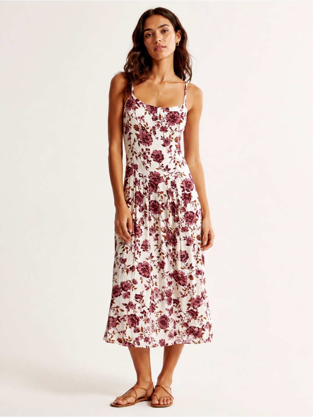 Jessica Simpson Cream Midi Dress Burgundy Floral Print sundress XS smocked